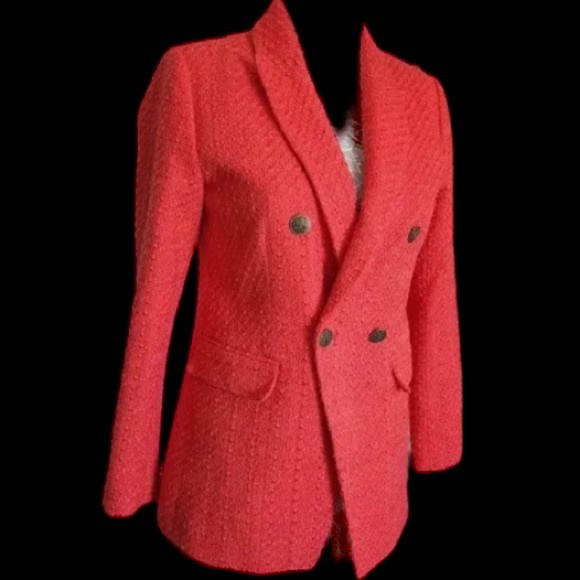 LOFT sz 4 Tweed Rapture Red Coral Double Breasted Blazer Jacket Business Holiday - Picture 8 of 16